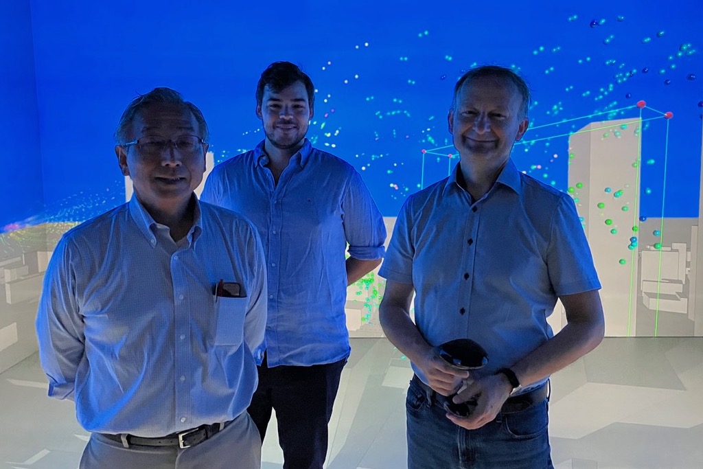 Prof. Kazuo Kashiyama visiting the Virtual Reality AixCAVE at IT Center RWTH Aachen accompanied by our NHR4CES researchers Tim Gerrits and Frieder Milke